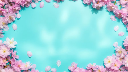 Cherry blossom frame on blue background with copy space for textの素材
