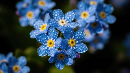 Blue forget-me-not flowers with water drops on petalsの素材