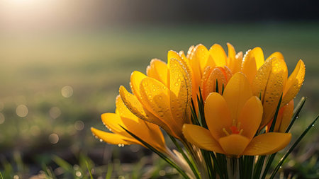 Yellow crocus flowers with dew drops in the morning sunlight.の素材