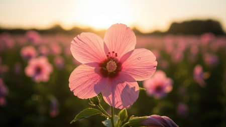 Beautiful pink hibiscus flower in the field at sunsetの素材