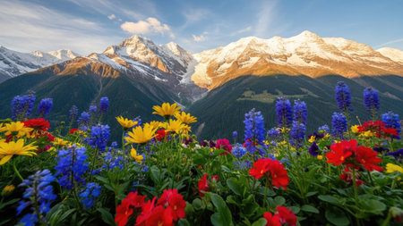 Mountain landscape with colorful wildflowers and high mountains in the backgroundの素材