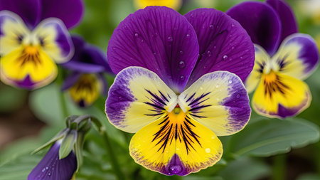 Purple and yellow pansy flowers with water drops on petalsの素材