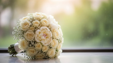 Wedding bouquet of white roses on a windowsill.の素材