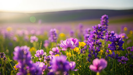 Lavender flowers in the meadow at sunset. Nature backgroundの素材