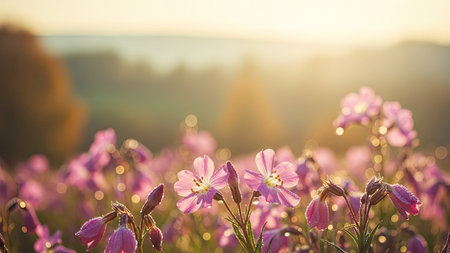 Beautiful pink flowers in the meadow at sunset. Spring backgroundの素材