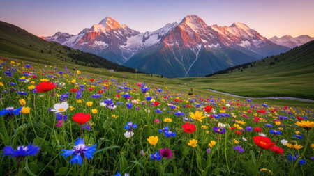 Mountain meadow with colorful wild flowers at sunset. Beautiful natural landscape.の素材