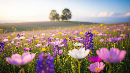 Colorful spring flowers on the meadow at sunset. Natural backgroundの素材