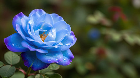 Blue rose with water droplets on petals in a garden.の素材