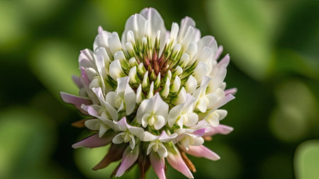 White clover flower close-up on a background of green leavesの素材