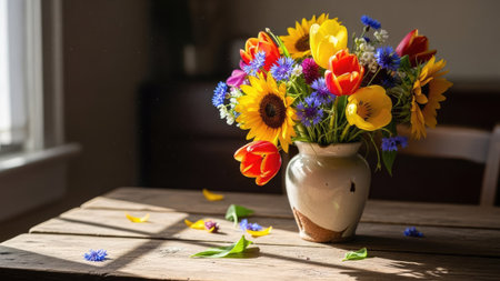 Bouquet of colorful flowers in vase on wooden table.の素材
