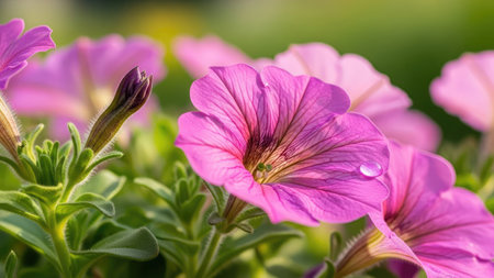 Beautiful pink petunia flowers with water drops on petals.の素材