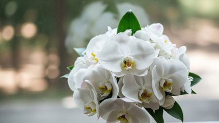 Wedding bouquet of white orchids on the windowsillの素材
