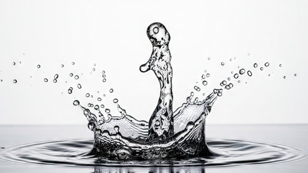 Falling drops of water. Splash effect after collision a falling drops with water Surfaceの素材