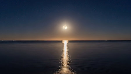 Moon over the sea at night with starry sky and stars.の素材