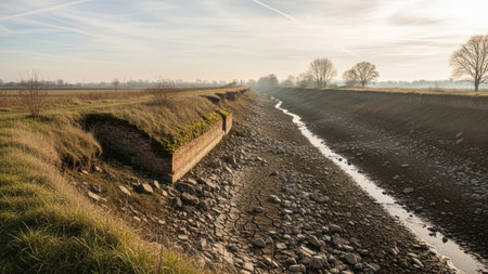 Panoramic view of a ditch with a wall in the backgroundの素材