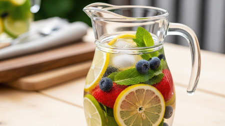 Detox water with berries, lemon and mint in pitcher on wooden tableの素材