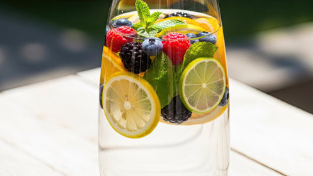 Detox water with fresh berries, lemon and mint in a glassの素材