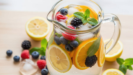 Infused water with fresh fruits and berries in a glass jar.の素材
