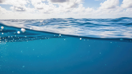 Underwater view of blue sea water surface with waves and air bubblesの素材