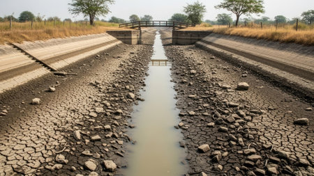 Dry soil and irrigation canal in the Chobe National Park, Botswana.の素材