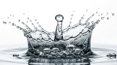 splashes and drops of water on a white background close-upの素材
