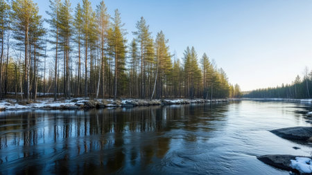 Panoramic view of the river in the forest. Winter landscape.の素材