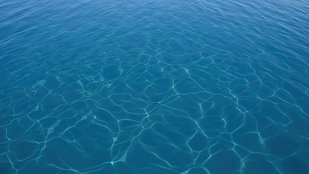 Transparent blue water surface with sun reflections. Natural background texture.の素材