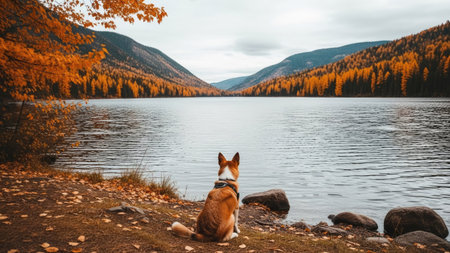 Beautiful red dog welsh corgi sits on the shore of the lake in autumnの素材