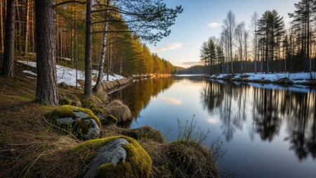Landscape of the river in the forest in early spring, Finlandの素材