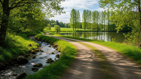 Beautiful spring landscape with a small river and trees in the backgroundの素材