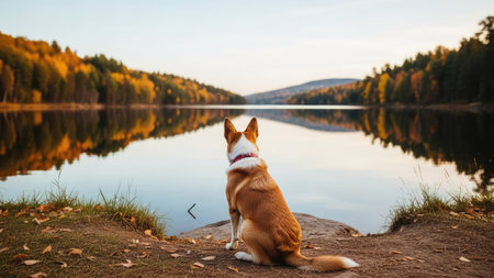 Welsh corgi dog sitting on the shore of a lake.の素材
