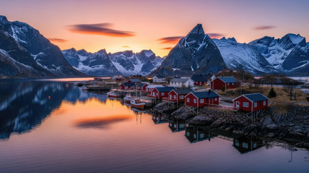 Sunset over Reine village on Lofoten islands, Norwayの素材