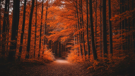 Path in the autumn forest. Nature background. Colorful forest.の素材