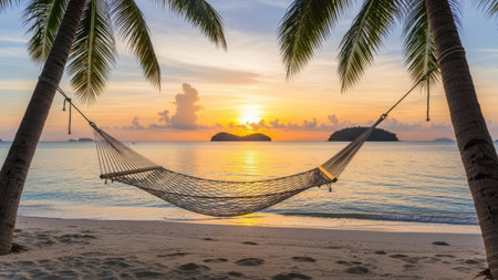 Hammock on tropical beach at sunset, Koh Lipe, Satun, Thailandの素材