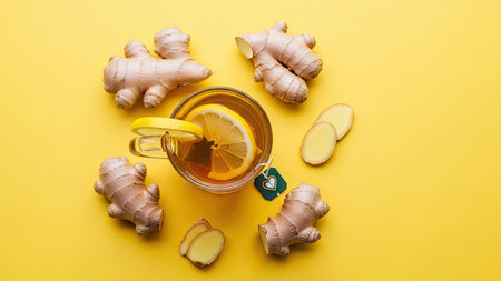 Ginger tea with lemon and ginger root on yellow background. Top viewの素材