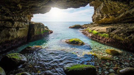 Beautiful seascape with turquoise water in the cave on the rocks.の素材