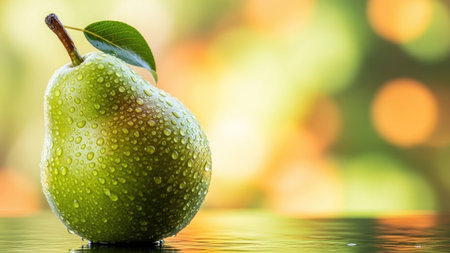 Ripe pear with water drops on the green bokeh backgroundの素材