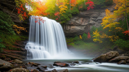 Beautiful waterfall in autumn forest with colorful leaves in fall season.の素材