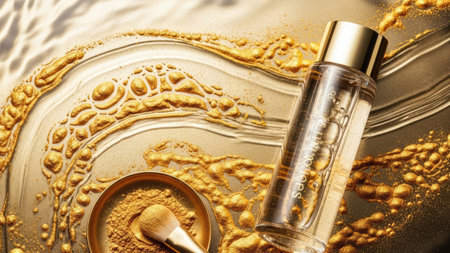 Cosmetic branding, toiletries and girly glamour concept - Cosmetics, make-up products set on golden glitter background,の素材