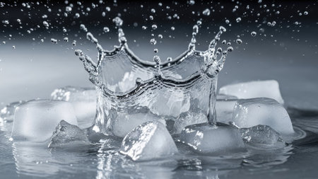 Ice cubes falling into water with splash and drops of water on black backgroundの素材