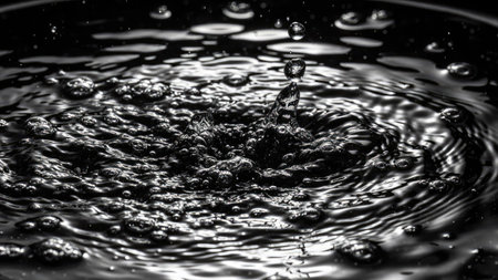 Water splash macro close up black and white background. Water drop macro photography.の素材