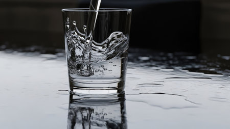 Pouring water into a glass on a black background. Close-up.の素材