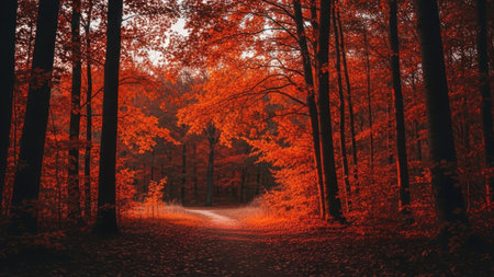 Autumn forest with road and sun rays. 3d render.の素材