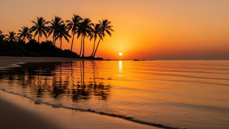 Beautiful sunset on the beach with coconut palm trees in the foregroundの素材