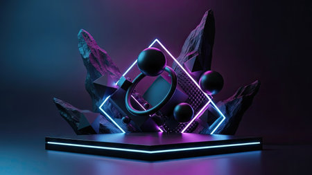 3d render, abstract background, empty scene with geometric shapes, neon lights, podium for product presentationの素材