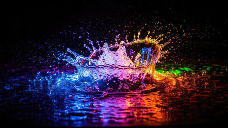 Falling drops of water. Splash effect after collision a falling drops with water Surfaceの素材