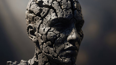 Close-up image of the head of a man made of stoneの素材