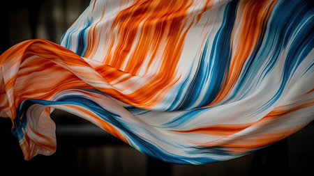 Texture, background, pattern. Silk fabric is transparent, orange, blue, white and red stripesの素材