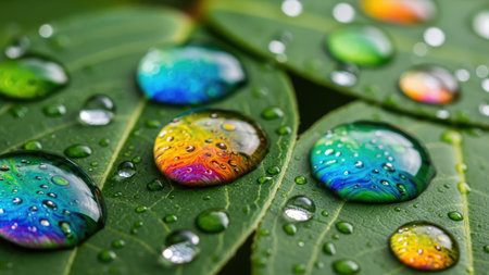 Water drops on green leaf macro close up. Beautiful nature background.の素材