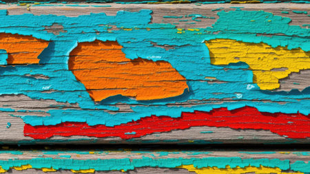 Colorful peeling paint on old wooden wall. Abstract background.の素材
